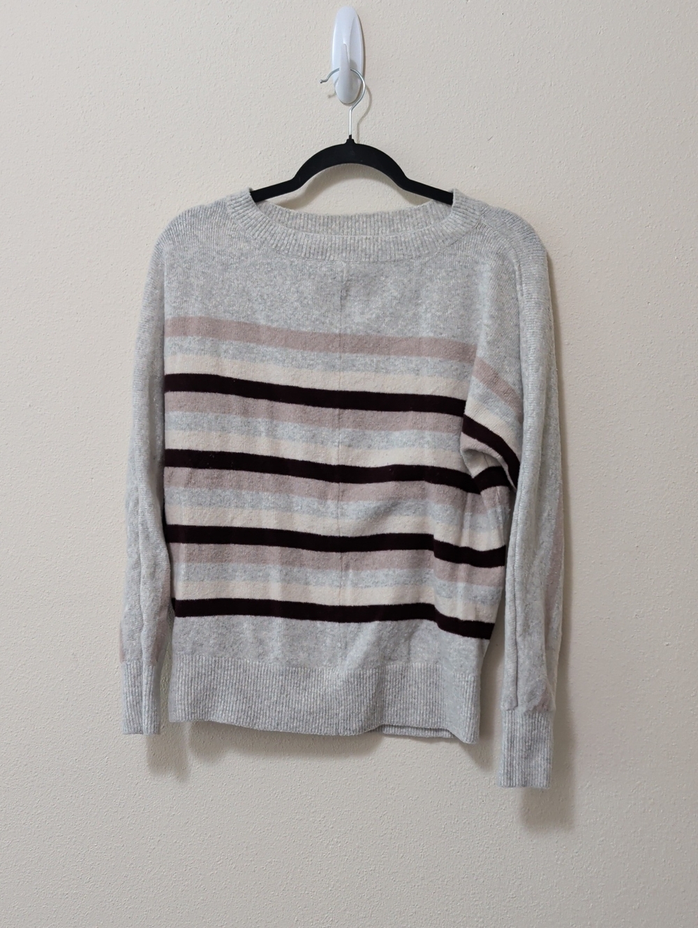 LOFT Striped Crewneck Sweater in Gray, Cream and Dark Brown
